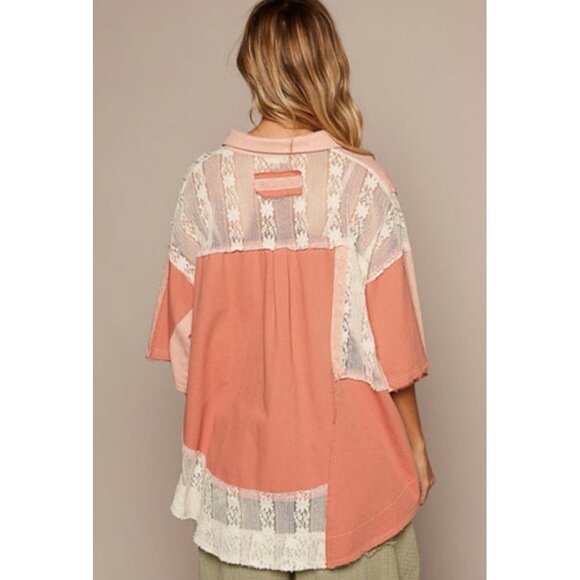 POL Shirt Womens L Oversized Thermal Lace Button Down Top Blush Pink Boho - Picture 12 of 12